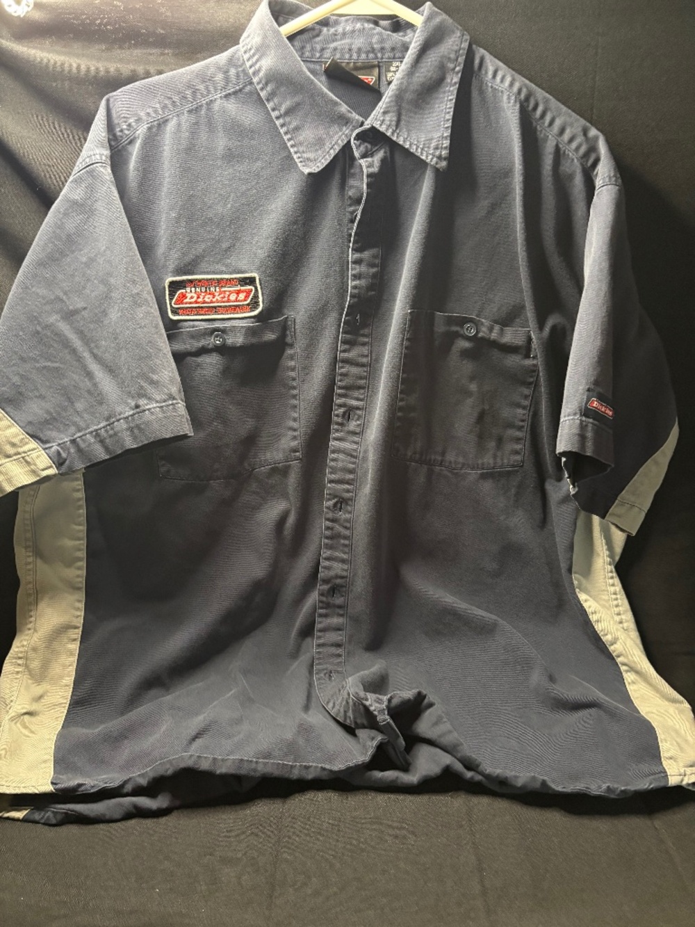 Dickies Men's 2XL  Gray/Navy Two Tone Button Up Short Sleeve Embroidered Shirt